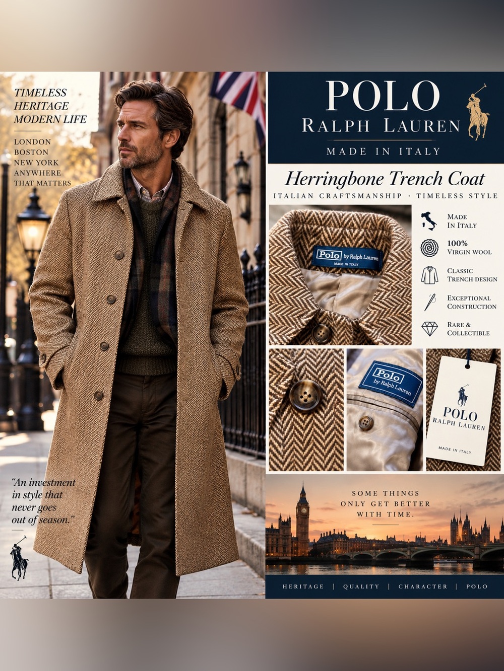 Polo Ralph Lauren Herringbone Trench Coat Herringbone Wool Trench Coat Size 40R